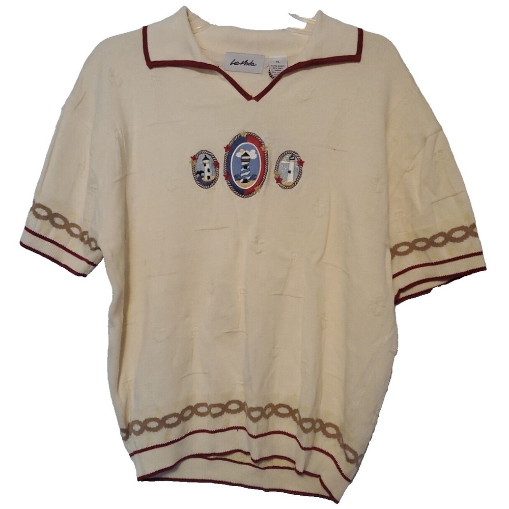 Le Moda Sweater Women's XL cotton light houses & Boats Anchors Pearl Color